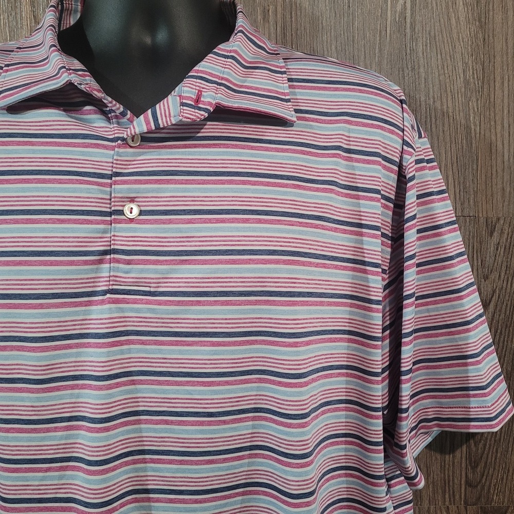 Peter Millar Summer Comfort Polo Sz XL Pink/Blue Stripe Short Sleeve Poly Blend
